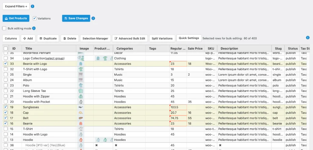 WooCommerce Advanced Bulk Edit 编辑演示