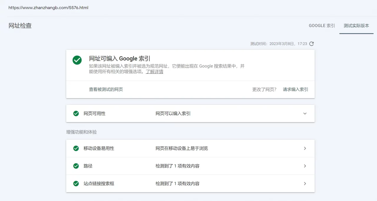 Google 检查结果